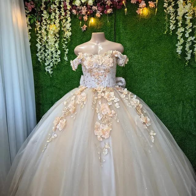 Champagne Quinceañera Dress with 3D Flowers
